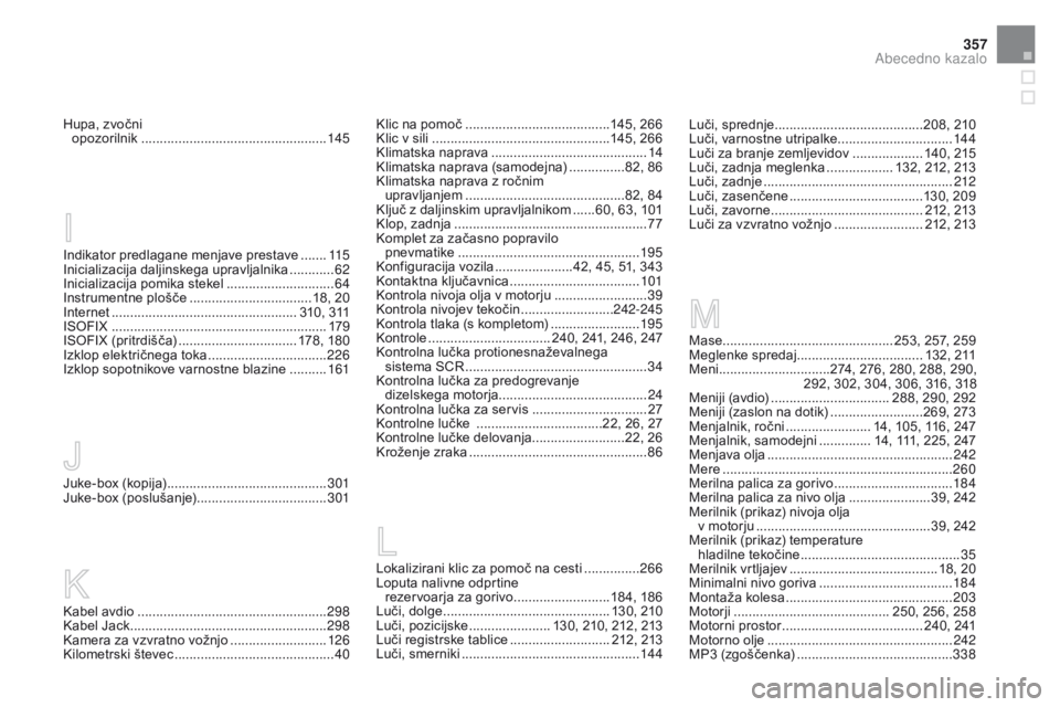 CITROEN DS3 2016  Navodila Za Uporabo (in Slovenian) 357
DS3_sl_Chap12_index-recherche_ed01-2015
Indikator predlagane menjave prestave .......11 5
Inicializacija daljinskega upravljalnika ............ 62
In
icializacija pomika stekel
 ..................
