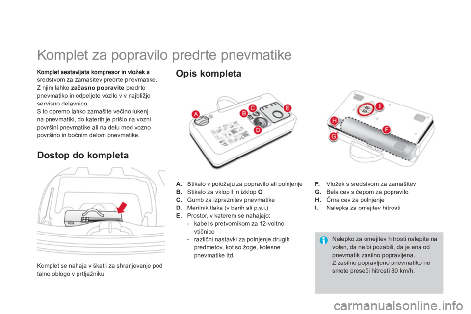 CITROEN DS3 2013  Navodila Za Uporabo (in Slovenian)    
 
 
 
 
 
 
 
 
 
 
 
 
 
 
 
 
Komplet za popravilo predrte pnevmatike 
sredstvom za zamašitev predrte pnevmatike. Z njim lahko  začasno popravite 
 predrtopnevmatiko in odpeljete vozilo v v na