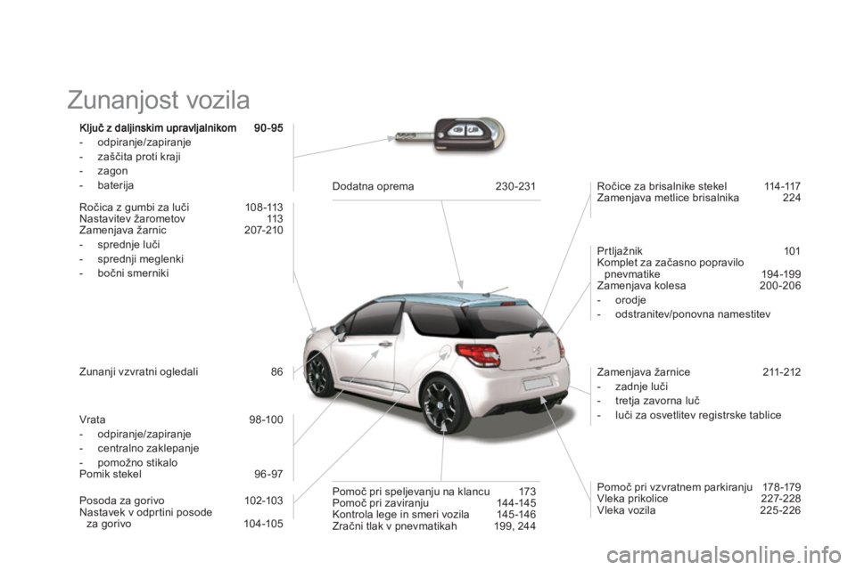 CITROEN DS3 2013  Navodila Za Uporabo (in Slovenian)   Zunanjost vozila  
-  odpiranje/zapiranje
-  zaščita proti kraji
-  zagon-  baterija  
 
Ročica z 
gumbi za luči 108 -113 
Nastavitev žarometov  113 
Zamenjava žarnic  207-210 
-  sprednje lu