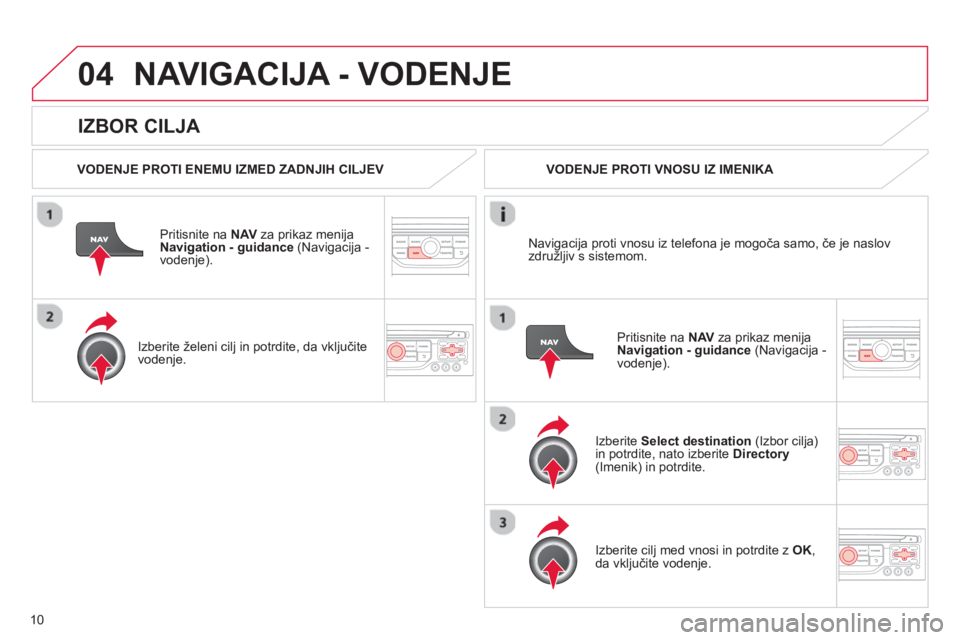 CITROEN DS3 2013  Navodila Za Uporabo (in Slovenian) 10
04
   
IZBOR CILJA 
NAVIGACIJA - VODENJE
 
 VODENJE PROTI ENEMU IZMED ZADNJIH CILJEV  
Priti
snite na  NAV 
 za prikaz menija 
Navigation - guidance   (Navigacija -
vodenje).
   
Izberite 
želeni 