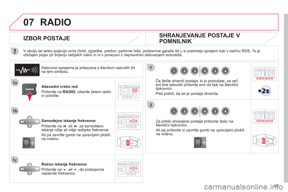 CITROEN DS3 2013  Navodila Za Uporabo (in Slovenian) 35
07RADIO 
Abecedni vrstni red
Priti
snite na  RADIO, izberite želeni radio
in potrdite.
Samode
jno iskanje frekvence 
Pritisnite na  �  ali �za samodejno 
iskanje nižje ali višje radijske frekv