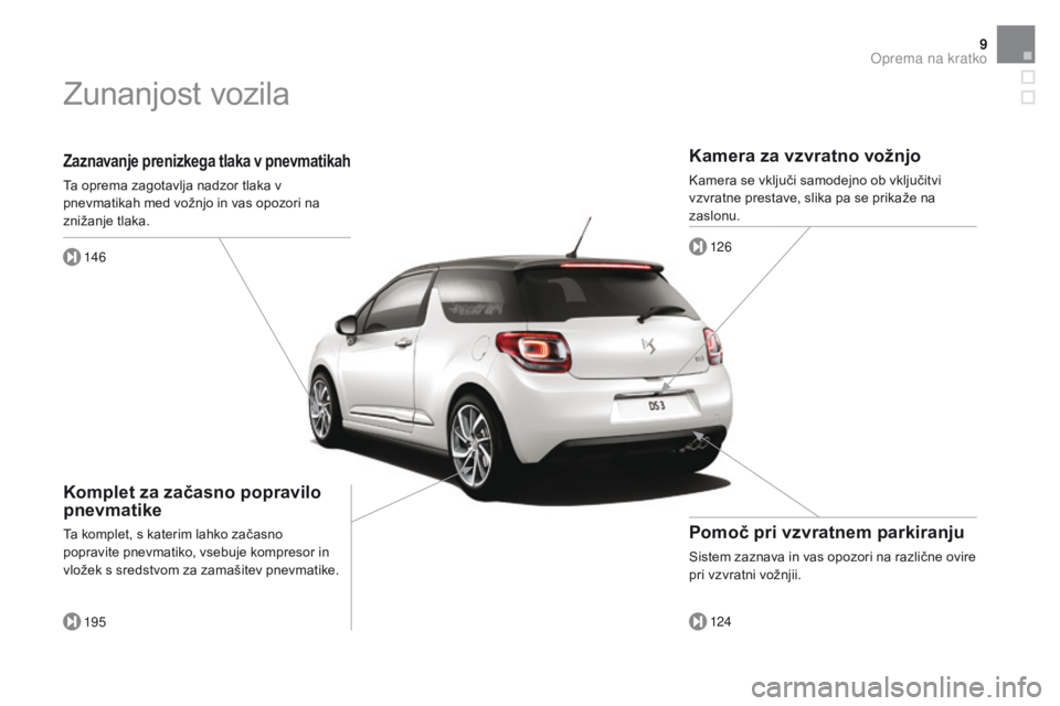 CITROEN DS3 CABRIO 2016  Navodila Za Uporabo (in Slovenian) 9
DS3_sl_Chap00b_vue-ensemble_ed01-2015
Zaznavanje prenizkega tlaka v pnevmatikah
Ta oprema zagotavlja nadzor tlaka v 
pnevmatikah med vožnjo in vas opozori na 
znižanje tlaka.146
195
komplet za za