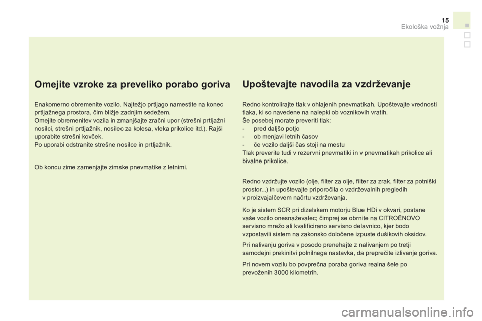 CITROEN DS3 CABRIO 2016  Navodila Za Uporabo (in Slovenian) 15
DS3_sl_Chap00c_eco-conduite_ed01-2015
omejite vzroke za preveliko porabo goriva
Enakomerno obremenite vozilo. Najtežjo prtljago namestite na konec 
prtljažnega prostora, čim bližje zadnjim sede