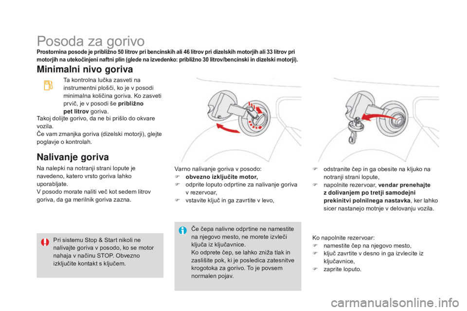 CITROEN DS3 CABRIO 2016  Navodila Za Uporabo (in Slovenian) DS3_sl_Chap08_info-pratiques_ed01-2015
Posoda za gorivoProstornina posode je približno 50 litrov pri bencinskih ali 46 litrov pri dizelskih motorjih ali 33 litrov pri 
motorjih na utekočinjeni naftn