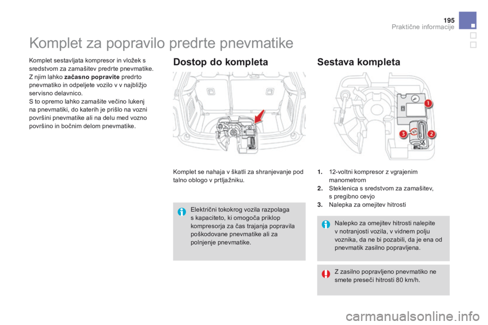 CITROEN DS3 CABRIO 2016  Navodila Za Uporabo (in Slovenian) 195
DS3_sl_Chap08_info-pratiques_ed01-2015
Nalepko za omejitev hitrosti nalepite 
v notranjosti vozila, v vidnem polju 
voznika, da ne bi pozabili, da je ena od 
pnevmatik zasilno popravljena.
Sestava