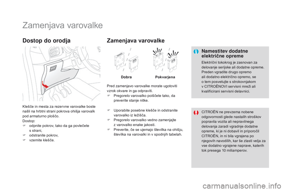 CITROEN DS3 CABRIO 2016  Navodila Za Uporabo (in Slovenian) DS3_sl_Chap08_info-pratiques_ed01-2015
Zamenjava varovalke
Namestitev dodatne 
električne opreme
Električni tokokrog je zasnovan za 
delovanje serijske ali dodatne opreme.
Preden vgradite drugo opre