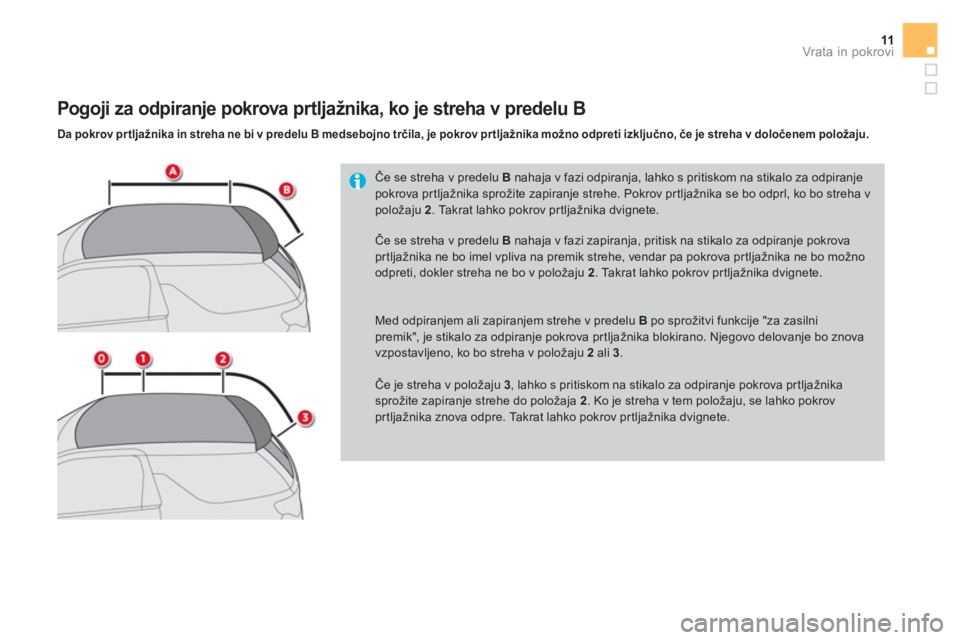 CITROEN DS3 CABRIO 2016  Navodila Za Uporabo (in Slovenian) 11Vrata in pokrovi
   
Če se streha v predelu  B 
 nahaja v fazi odpiranja, lahko s pritiskom na stikalo za odpiranje 
pokrova prtljažnika sprožite zapiranje strehe. Pokrov prtljažnika se bo odprl