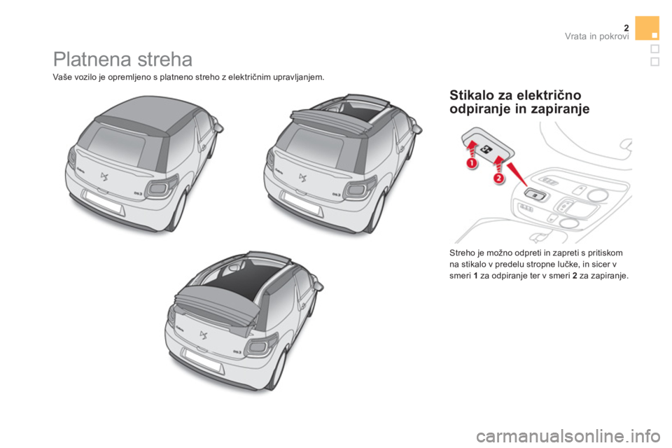 CITROEN DS3 CABRIO 2016  Navodila Za Uporabo (in Slovenian) 2Vrata in pokrovi
  Platnena streha 
 
Vaše vozilo je opremljeno s platneno streho z električnim upravljanjem. 
  Streho je možno odpreti in zapreti s pritiskom 
na stikalo v predelu stropne lučke