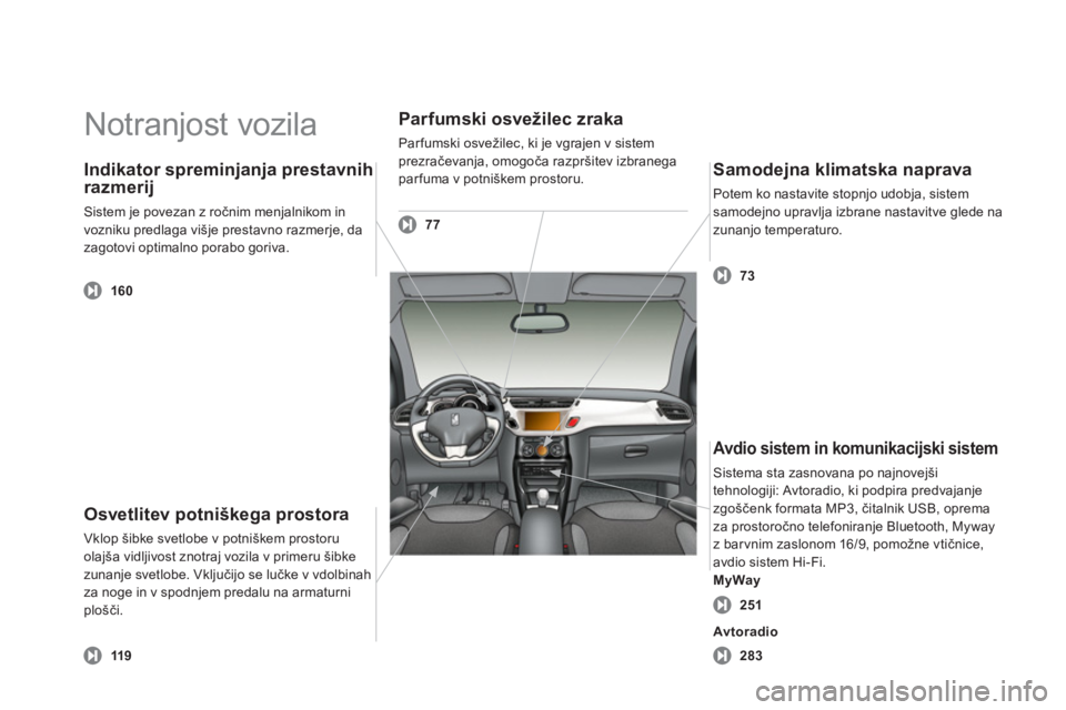 CITROEN DS3 CABRIO 2013 Navodila Za Uporabo (in Slovenian) Notranjost vozila
Osvetlitev potniškega prostora
Vklop šibke svetlobe v potniškem prostoru
olajša vidljivost znotraj vozila v primeru šibke
zunanje svetlobe. Vključijo se lučke v vdolbinah CITROEN DS3 CABRIO 2013 Navodila Za Uporabo (in Slovenian) Notranjost vozila
Osvetlitev potniškega prostora
Vklop šibke svetlobe v potniškem prostoru
olajša vidljivost znotraj vozila v primeru šibke
zunanje svetlobe. Vključijo se lučke v vdolbinah