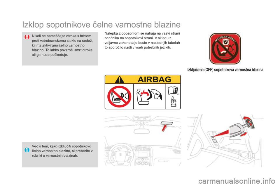 CITROEN DS4 2015  Navodila Za Uporabo (in Slovenian) DS4_sl_Chap06_securite-enfants_ed02-2015
Nalepka z opozorilom se nahaja na vsaki strani 
senčnika na sopotnikovi strani. V skladu z 
veljavno zakonodajo boste v naslednjih tabelah 
to sporočilo naš