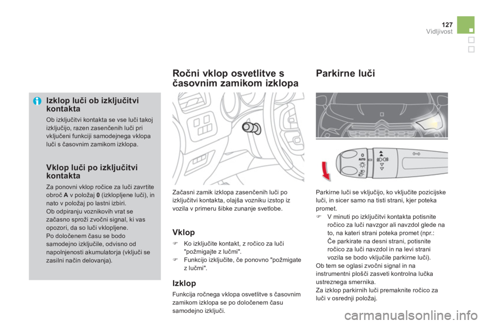 CITROEN DS4 2014 Navodila Za Uporabo (in Slovenian) 127Vidljivost
Izklop luči ob izključitvi
kontakta
Ob izključitvi kontakta se vse luči takoj
izključijo, razen zasenčenih luči pri
vključeni funkciji samodejnega vklopa
luči s časo CITROEN DS4 2014 Navodila Za Uporabo (in Slovenian) 127Vidljivost
Izklop luči ob izključitvi
kontakta
Ob izključitvi kontakta se vse luči takoj
izključijo, razen zasenčenih luči pri
vključeni funkciji samodejnega vklopa
luči s časo