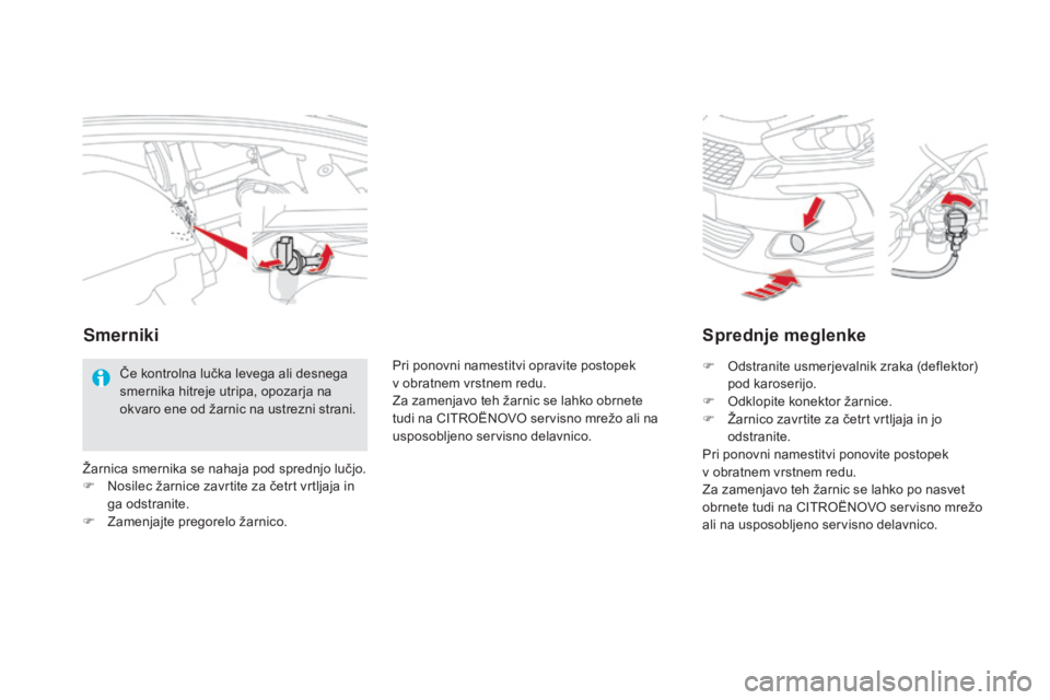 CITROEN DS5 2016  Navodila Za Uporabo (in Slovenian) DS5_sl_Chap08_info-pratiques_ed02-2015
Sprednje meglenke
F Odstranite usmerjevalnik zraka (deflektor) 
pod karoserijo.
F
 Od

klopite konektor žarnice.
F
 Ža

rnico zavrtite za četrt vrtljaja in jo