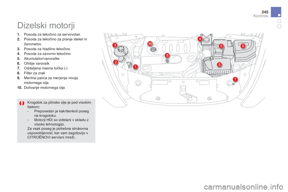 CITROEN DS5 2016  Navodila Za Uporabo (in Slovenian) 245
DS5_sl_Chap09_verifications_ed02-2015
1. Posoda za tekočino za servovolan
2. Po soda za tekočino za pranje stekel in 
žarometov
3.
 Po

soda za hladilno tekočino
4.
 Po

soda za zavorno tekoč