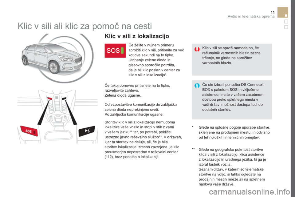 CITROEN DS5 2016  Navodila Za Uporabo (in Slovenian) 11  Avdio in telematska oprema 
 
 
 
 
 
 
 
Klic v sili ali klic za pomoč na cesti 
 
 
Klic v sili se sproži samodejno, če 
računalnik varnostnih blazin zazna 
trčenje, ne glede na sprožitev 