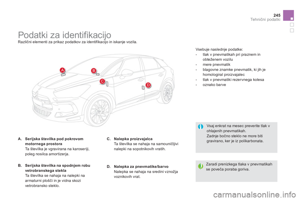 CITROEN DS5 2013  Navodila Za Uporabo (in Slovenian) 245
Tehnični podatki
 
 
 
 
 
 
 
 
 
 
 
 
 
 
 
 
 
 
 
 
 
 
 
 
Podatki za identifikacijo  
Različni elementi za prikaz podatkov za identifikacijo in iskanje vozila.
A.Serijska številka pod po