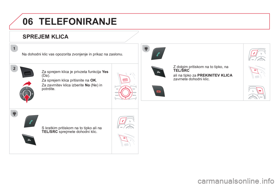 CITROEN DS5 2013  Navodila Za Uporabo (in Slovenian) 06
SR
C
SR
C
TELEFONIRANJE 
   
SPREJEM KLICA 
 
 
Na dohodni klic vas opozorita zvonjenje in prikaz na zaslonu.
Za sprejem klica je privzeta funkcija  Yes  (Da).
Za spre
jem klica pritisnite na OK. 

