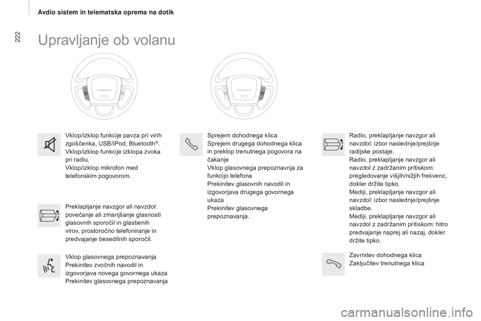 CITROEN JUMPER 2017  Navodila Za Uporabo (in Slovenian) 222
Jumper_sl_Chap11a_Autoradio-Fiat-tactile-1_ed01-2016
Upravljanje ob volanu
vklop/izklop funkcije pavza pri virih 
zgoščenka, USB/iPod, Bluetooth®.vk
lop/izklop funkcije izklopa zvoka 
pri radiu