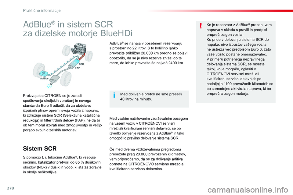CITROEN JUMPER SPACETOURER 2017 Navodila Za Uporabo (in Slovenian) 278
Spacetourer-vP_sl_Chap07_info-pratiques_ed01-2016
AdBlue® in sistem SCR
za dizelske motorje BlueHDi
Proizvajalec CITROËN se je zaradi
spoštovanja okoljskih vprašanj in novega
standarda Euro CITROEN JUMPER SPACETOURER 2017 Navodila Za Uporabo (in Slovenian) 278
Spacetourer-vP_sl_Chap07_info-pratiques_ed01-2016
AdBlue® in sistem SCR
za dizelske motorje BlueHDi
Proizvajalec CITROËN se je zaradi
spoštovanja okoljskih vprašanj in novega
standarda Euro