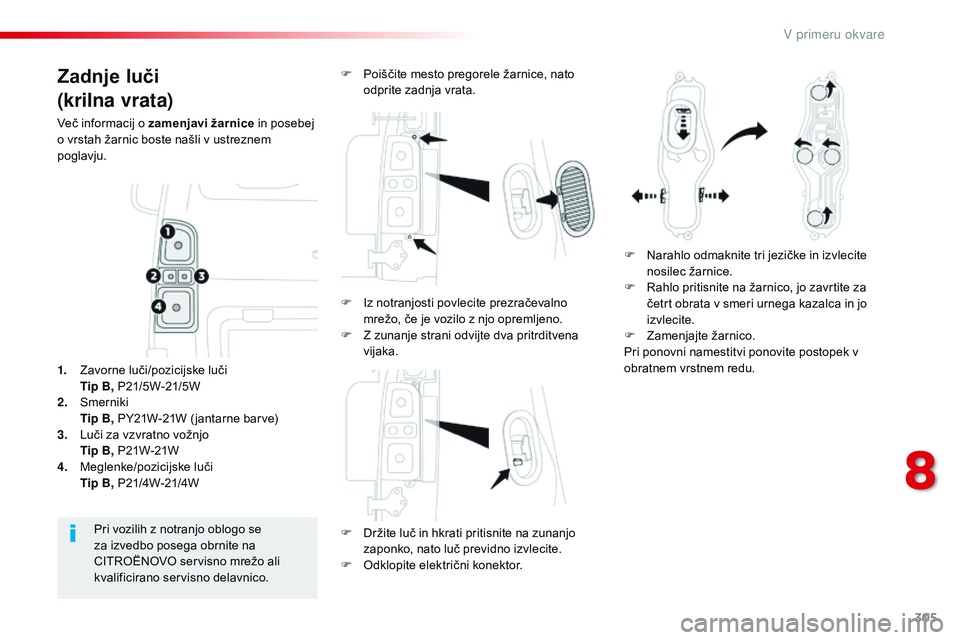 CITROEN JUMPER SPACETOURER 2017 Navodila Za Uporabo (in Slovenian) 305
Spacetourer-vP_sl_Chap08_En-cas-de-panne_ed01-2016
Zadnje luči
(krilna vrata)
več informacij o zamenjavi žarnice in posebej
o vrstah žarnic boste našli v ustreznem
poglavju.
F
D
ržite l CITROEN JUMPER SPACETOURER 2017 Navodila Za Uporabo (in Slovenian) 305
Spacetourer-vP_sl_Chap08_En-cas-de-panne_ed01-2016
Zadnje luči
(krilna vrata)
več informacij o zamenjavi žarnice in posebej
o vrstah žarnic boste našli v ustreznem
poglavju.
F
D
ržite l