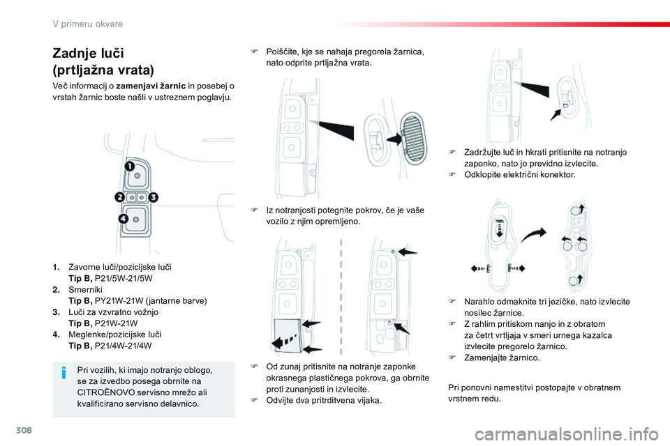 CITROEN JUMPER SPACETOURER 2017 Navodila Za Uporabo (in Slovenian) 308
Spacetourer-vP_sl_Chap08_En-cas-de-panne_ed01-2016
Zadnje luči
(prtljažna vrata)
več informacij o zamenjavi žarnic in posebej o
vrstah žarnic boste našli v ustreznem poglavju.
F
Z
adržu CITROEN JUMPER SPACETOURER 2017 Navodila Za Uporabo (in Slovenian) 308
Spacetourer-vP_sl_Chap08_En-cas-de-panne_ed01-2016
Zadnje luči
(prtljažna vrata)
več informacij o zamenjavi žarnic in posebej o
vrstah žarnic boste našli v ustreznem poglavju.
F
Z
adržu