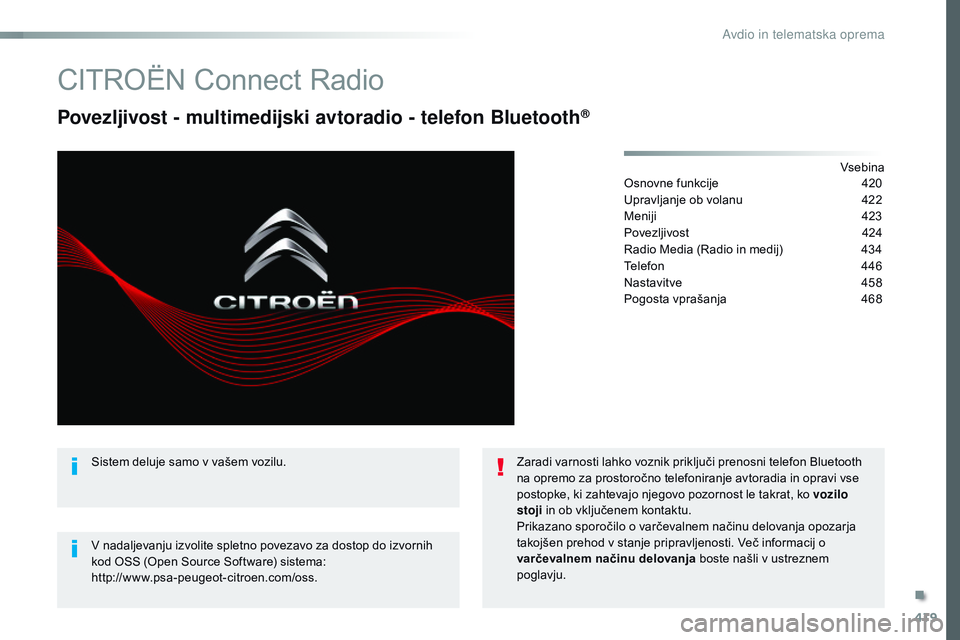 CITROEN JUMPER SPACETOURER 2017  Navodila Za Uporabo (in Slovenian) 419
Spacetourer-vP_sl_Chap10c_RCC-1_ed01-2016
CITROËN Connect Radio
Povezljivost - multimedijski avtoradio - telefon Bluetooth®
vsebina
Osnovne funkcije
 4 20
Upravljanje ob volanu
 
4
 22
Meniji
 4