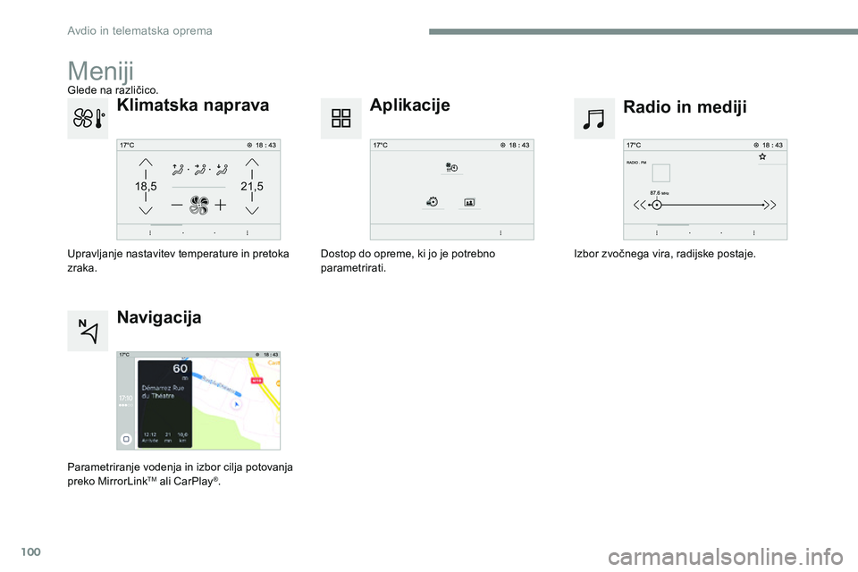 CITROEN JUMPER SPACETOURER 2017  Navodila Za Uporabo (in Slovenian) 100
21,518,5
Transversal-Citroen_sl_Chap02_RCC-2-2-0_ed01-2016
Meniji
Radio in mediji
Aplikacije
Izbor zvočnega vira, radijske postaje.
Dostop do opreme, ki jo je potrebno 
parametrirati.
Klimatska n