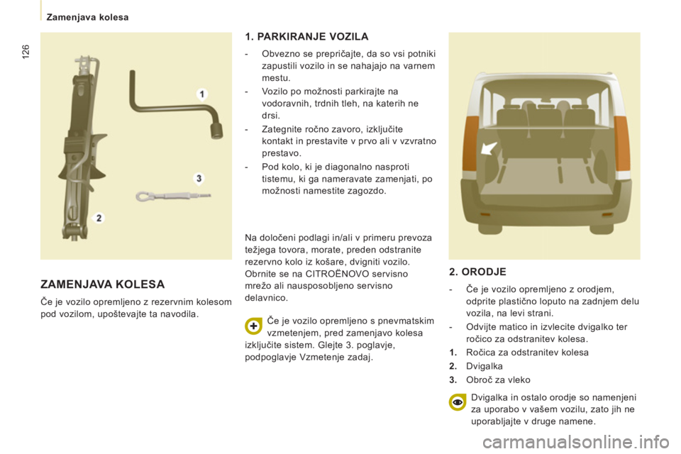 CITROEN NEMO 2012 Navodila Za Uporabo (in Slovenian) 126
Zamenjava kolesa
ZAMENJAVA KOLESA
Če je vozilo opremljeno z rezervnim kolesom
pod vozilom, upoštevajte ta navodila.
1. PARKIRANJE VOZILA
- Obvezno se prepričajte, da so v CITROEN NEMO 2012 Navodila Za Uporabo (in Slovenian) 126
Zamenjava kolesa
ZAMENJAVA KOLESA
Če je vozilo opremljeno z rezervnim kolesom
pod vozilom, upoštevajte ta navodila.
1. PARKIRANJE VOZILA
- Obvezno se prepričajte, da so v