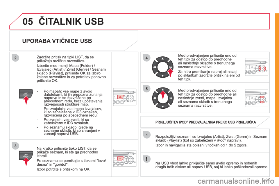 CITROEN NEMO 2012 Navodila Za Uporabo (in Slovenian) 9.91
05
42
3
1
5
ČITALNIK USB
UPORABA VTIČNICE USB
Na kratko pritisnite tipko LIST, da seprikaže seznam, ki ste ga predhodno
izbrali.
Po seznamu se pomika
jte s tipkami "levo/desno" in CITROEN NEMO 2012 Navodila Za Uporabo (in Slovenian) 9.91
05
42
3
1
5
ČITALNIK USB
UPORABA VTIČNICE USB
Na kratko pritisnite tipko LIST, da seprikaže seznam, ki ste ga predhodno
izbrali.
Po seznamu se pomika
jte s tipkami "levo/desno" in