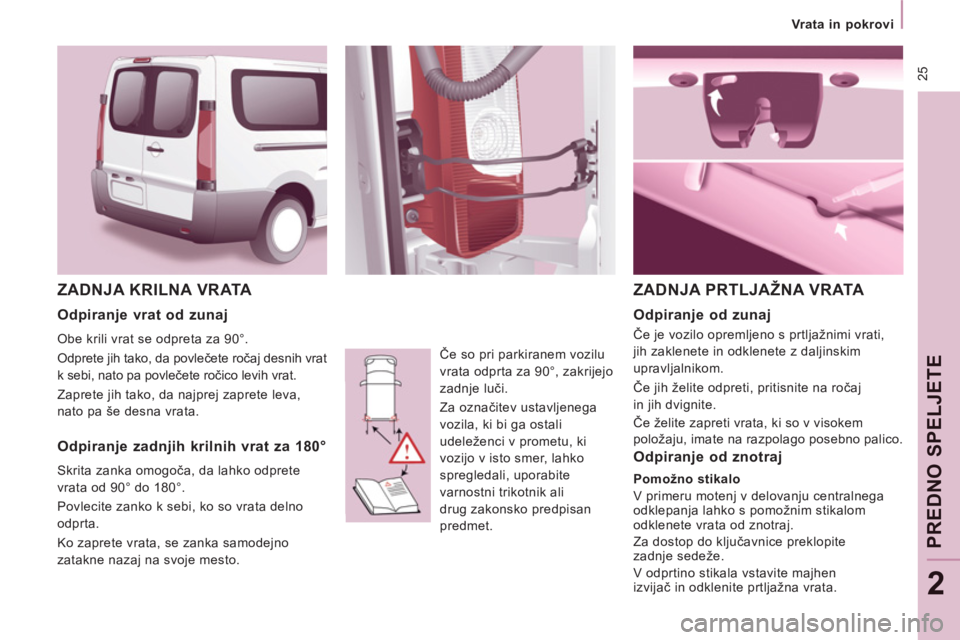 CITROEN NEMO 2012 Navodila Za Uporabo (in Slovenian) 25
Vrata in pokrovi
PREDNO SPELJETE
2
ZADNJA KRILNA VRATA
Če so pri parkiranem vozilu
vrata odprta za 90°, zakrijejo
zadnje luči.
Za označitev ustavljenega
vozila, ki bi ga o CITROEN NEMO 2012 Navodila Za Uporabo (in Slovenian) 25
Vrata in pokrovi
PREDNO SPELJETE
2
ZADNJA KRILNA VRATA
Če so pri parkiranem vozilu
vrata odprta za 90°, zakrijejo
zadnje luči.
Za označitev ustavljenega
vozila, ki bi ga o