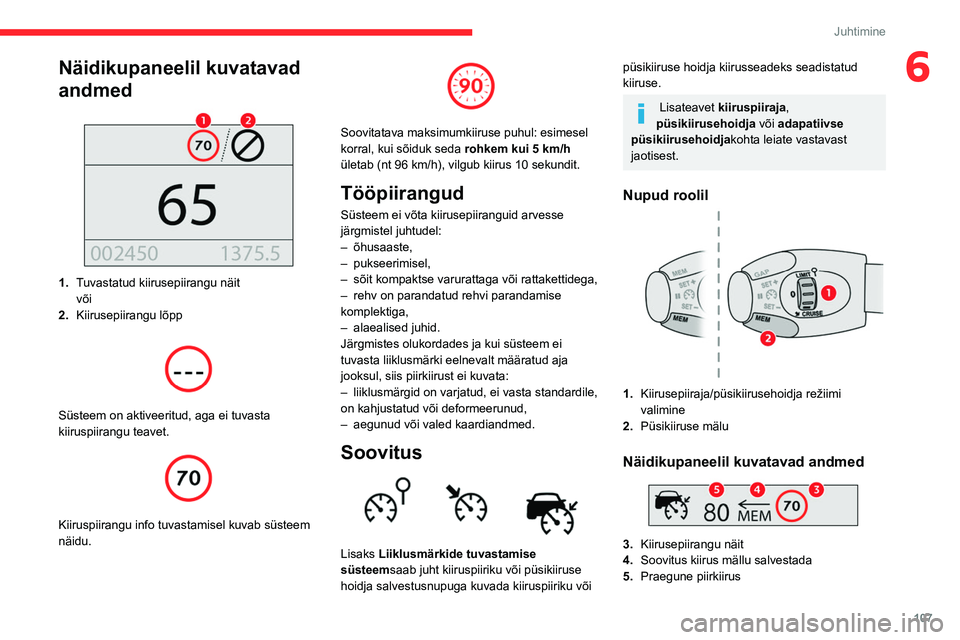 CITROEN BERLINGO VAN 2021 Kasutusjuhend (in Estonian) 107
Juhtimine
6Näidikupaneelil kuvatavad
andmed
1.Tuvastatud kiirusepiirangu näit
või
2. Kiirusepiirangu lõpp
Süsteem on aktiveeritud, aga ei tuvasta
kiiruspiirangu teavet.
Kiiruspi CITROEN BERLINGO VAN 2021 Kasutusjuhend (in Estonian) 107
Juhtimine
6Näidikupaneelil kuvatavad
andmed
1.Tuvastatud kiirusepiirangu näit
või
2. Kiirusepiirangu lõpp
Süsteem on aktiveeritud, aga ei tuvasta
kiiruspiirangu teavet.
Kiiruspi