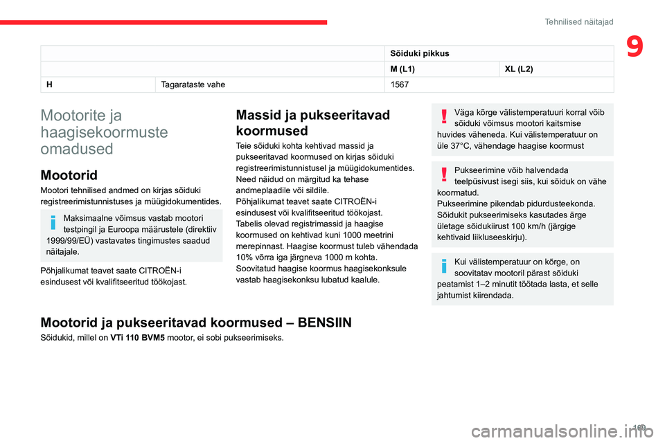 CITROEN BERLINGO VAN 2021 Kasutusjuhend (in Estonian) 169
Tehnilised näitajad
9Sõiduki pikkus
M (L1)XL (L2)
H Tagarataste vahe 1567
Mootorite ja
haagisekoormuste
omadused
Mootorid
Mootori tehnilised andmed on kirjas sõiduki
registreerimistunnistuse CITROEN BERLINGO VAN 2021 Kasutusjuhend (in Estonian) 169
Tehnilised näitajad
9Sõiduki pikkus
M (L1)XL (L2)
H Tagarataste vahe 1567
Mootorite ja
haagisekoormuste
omadused
Mootorid
Mootori tehnilised andmed on kirjas sõiduki
registreerimistunnistuse