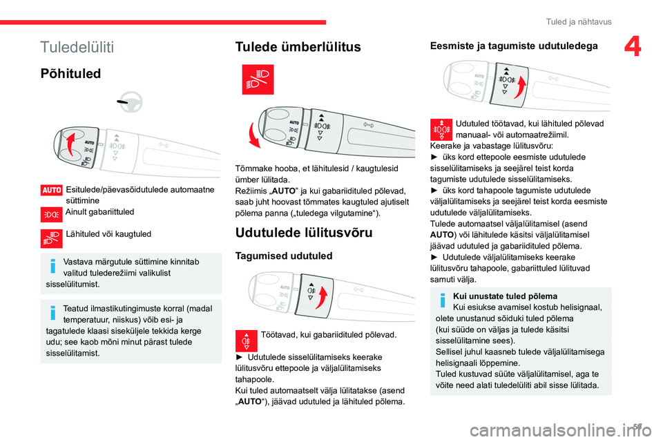CITROEN BERLINGO VAN 2021 Kasutusjuhend (in Estonian) 59
Tuled ja nähtavus
4Tuledelüliti
Põhituled
Esitulede/päevasõidutulede automaatne
süttimine
Ainult gabariittuled
Lähituled või kaugtuled
Vastava märgutule süttimine kinnitab
vali CITROEN BERLINGO VAN 2021 Kasutusjuhend (in Estonian) 59
Tuled ja nähtavus
4Tuledelüliti
Põhituled
Esitulede/päevasõidutulede automaatne
süttimine
Ainult gabariittuled
Lähituled või kaugtuled
Vastava märgutule süttimine kinnitab
vali