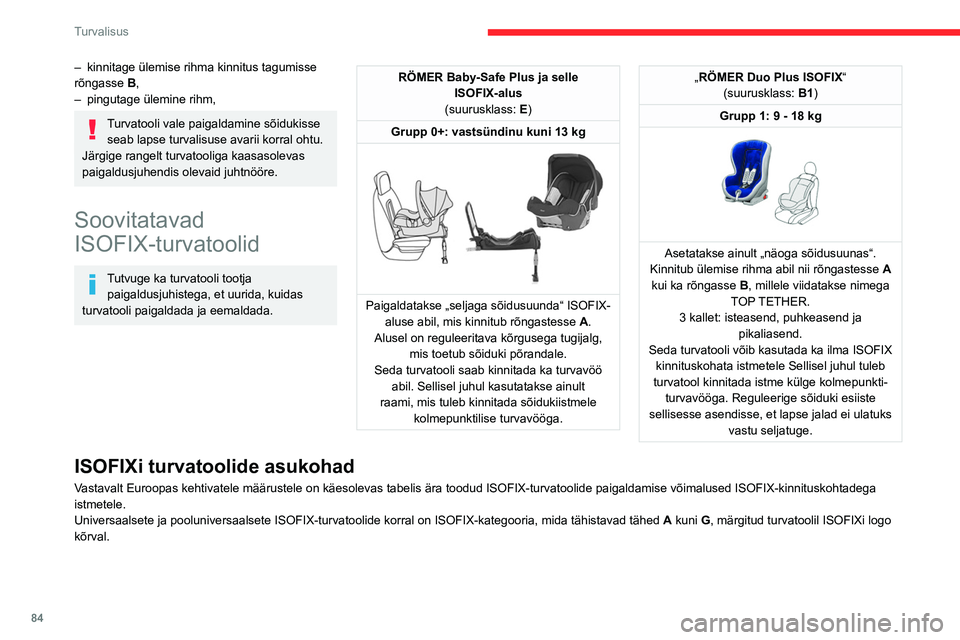 CITROEN BERLINGO VAN 2021 Kasutusjuhend (in Estonian) 84
Turvalisus
– kinnitage ülemise rihma kinnitus tagumisse
rõngasse B
,
–
pingutage ülemine rihm,
Turvatooli vale paigaldamine sõidukisse seab lapse turvalisuse avarii korral ohtu.
Järgig CITROEN BERLINGO VAN 2021 Kasutusjuhend (in Estonian) 84
Turvalisus
– kinnitage ülemise rihma kinnitus tagumisse
rõngasse B
,
–
pingutage ülemine rihm,
Turvatooli vale paigaldamine sõidukisse seab lapse turvalisuse avarii korral ohtu.
Järgig