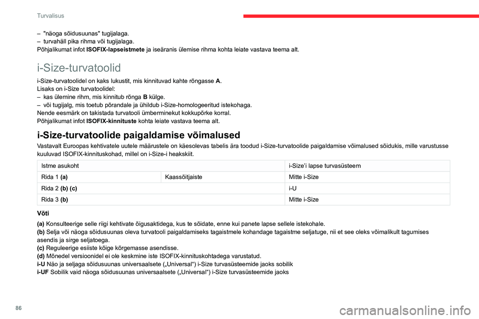 CITROEN BERLINGO VAN 2021 Kasutusjuhend (in Estonian) 86
Turvalisus
– "näoga sõidusuunas" tugijalaga.
– turvahäll pika rihma või tugijalaga.
Põhjalikumat infot ISOFIX-lapseistmete
ja iseäranis ülemise rihma kohta leiate vastava teem CITROEN BERLINGO VAN 2021 Kasutusjuhend (in Estonian) 86
Turvalisus
– "näoga sõidusuunas" tugijalaga.
– turvahäll pika rihma või tugijalaga.
Põhjalikumat infot ISOFIX-lapseistmete
ja iseäranis ülemise rihma kohta leiate vastava teem
