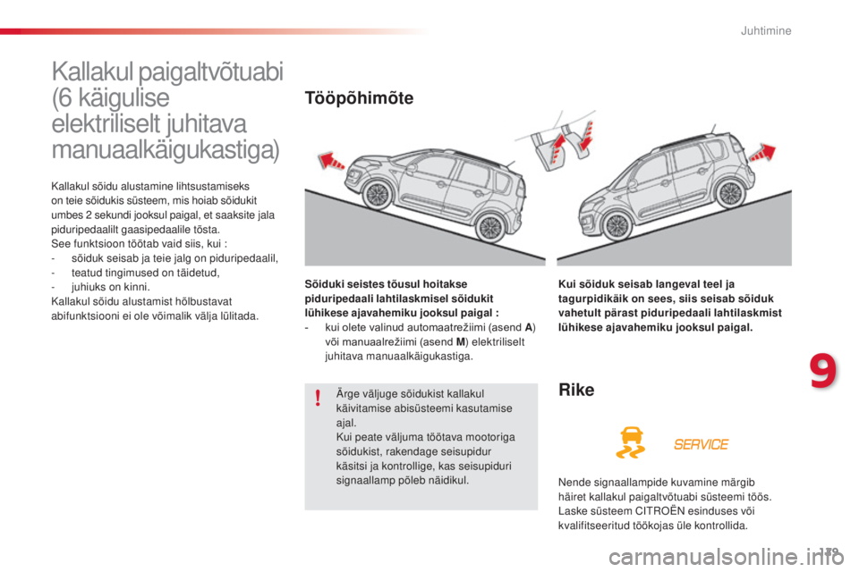 CITROEN C3 PICASSO 2015  Kasutusjuhend (in Estonian) 129
C3Picasso_et_Chap09_conduite_ed01-2014
Kallakul paigaltvõtuabi 
(6
 
käigulise 
elektriliselt juhitava 
manuaalkäigukastiga)
Kallakul sõidu alustamine lihtsustamiseks 
on teie sõidukis süste