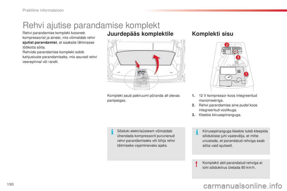 CITROEN C3 PICASSO 2015  Kasutusjuhend (in Estonian) 150
C3Picasso_et_Chap11_informations-pratiques_ed01-2014
Komplekti sisu
1. 12  V kompressor koos integreeritud 
manomeetriga.
2.
 

r
e
 hvi parandamise aine pudel koos 
integreeritud voolikuga.
3.
 K