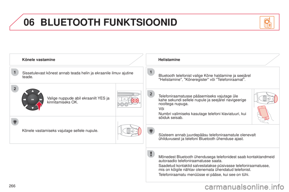 CITROEN C3 PICASSO 2015  Kasutusjuhend (in Estonian) 06
266
C3Picasso_et_Chap13c_rD45_ed01_2014
Kõnele vastamine
s
issetulevast kõnest annab teada helin ja ekraanile ilmuv ajutine 
teade.
Valige nuppude abil ekraanilt YE
s  ja 
kinnitamiseks OK.
Kõne