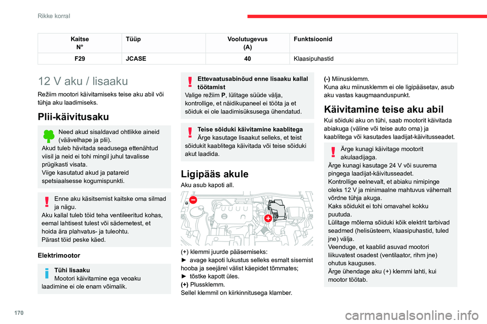 CITROEN C4 2021 Kasutusjuhend (in Estonian) 170
Rikke korral
KaitseN° Tüüp
Voolutugevus
(A) Funktsioonid
F29 JCASE 40Klaasipuhastid
12 V aku / lisaaku
Režiim mootori käivitamiseks teise aku abil või
tühja aku laadimiseks.
Plii-käivitus CITROEN C4 2021 Kasutusjuhend (in Estonian) 170
Rikke korral
KaitseN° Tüüp
Voolutugevus
(A) Funktsioonid
F29 JCASE 40Klaasipuhastid
12 V aku / lisaaku
Režiim mootori käivitamiseks teise aku abil või
tühja aku laadimiseks.
Plii-käivitus