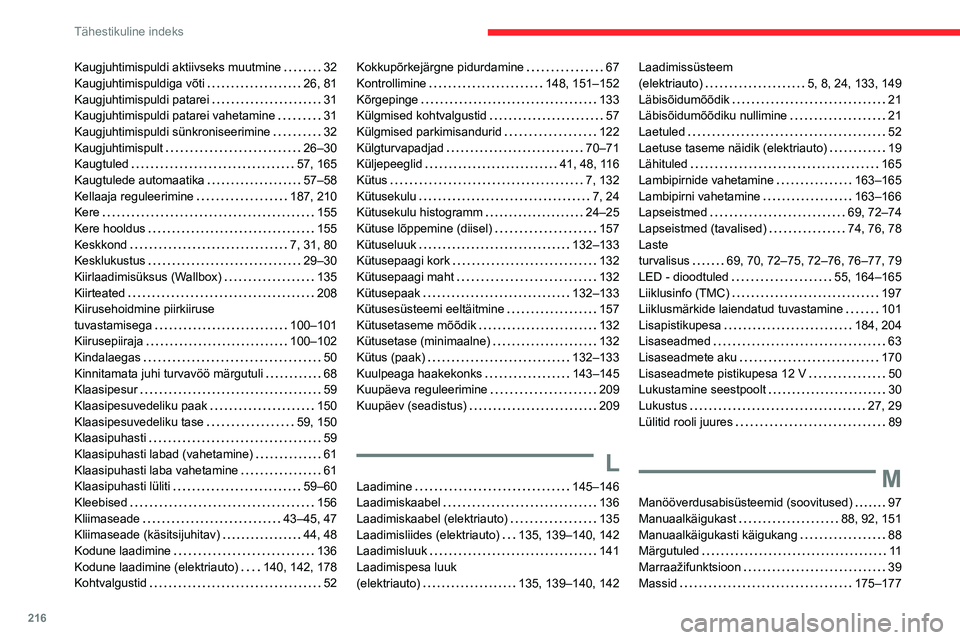 CITROEN C4 2021 Kasutusjuhend (in Estonian) 216
Tähestikuline indeks
Kaugjuhtimispuldi aktiivseks muutmine 32
Kaugjuhtimispuldiga võti
26, 81
Kaugjuhtimispuldi patarei
31
Kaugjuhtimispuldi patarei vahetamine
31
Kaugjuhtimis CITROEN C4 2021 Kasutusjuhend (in Estonian) 216
Tähestikuline indeks
Kaugjuhtimispuldi aktiivseks muutmine 32
Kaugjuhtimispuldiga võti
26, 81
Kaugjuhtimispuldi patarei
31
Kaugjuhtimispuldi patarei vahetamine
31
Kaugjuhtimis