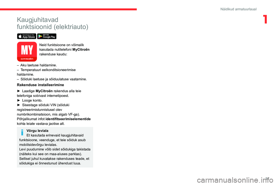 CITROEN C4 2021  Kasutusjuhend (in Estonian) 25
Näidikud armatuurlaual
1Kaugjuhitavad 
funktsioonid (elektriauto)
 
 
Neid funktsioone on võimalik 
kasutada nutitelefoni MyCitroën 
rakenduse kaudu:
–
 
Aku

 laetuse haldamine.
–
 
T

empe