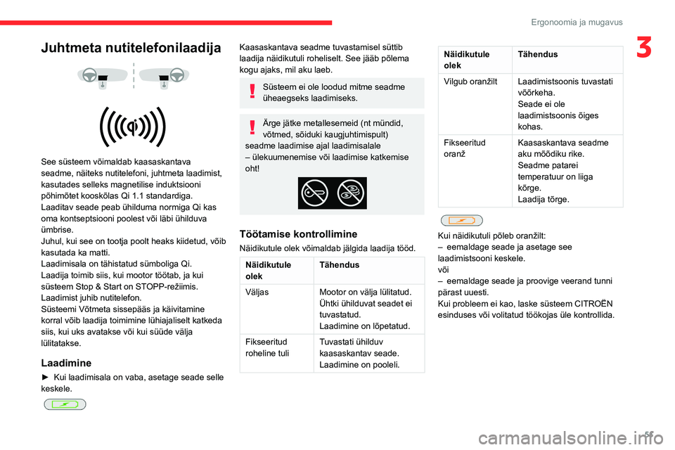 CITROEN C4 2021 Kasutusjuhend (in Estonian) 51
Ergonoomia ja mugavus
3Juhtmeta nutitelefonilaadija
See süsteem võimaldab kaasaskantava
seadme, näiteks nutitelefoni, juhtmeta laadimist,
kasutades selleks magnetilise induktsiooni
põ CITROEN C4 2021 Kasutusjuhend (in Estonian) 51
Ergonoomia ja mugavus
3Juhtmeta nutitelefonilaadija
See süsteem võimaldab kaasaskantava
seadme, näiteks nutitelefoni, juhtmeta laadimist,
kasutades selleks magnetilise induktsiooni
põ