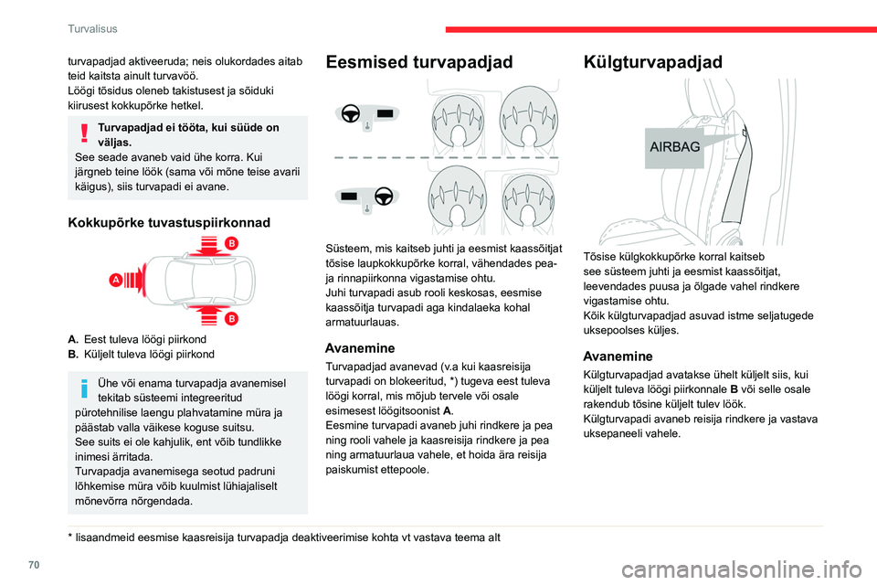 CITROEN C4 2021 Kasutusjuhend (in Estonian) 70
Turvalisus
Kardin-turvapadjad
Süsteem parandab juhi ja reisijate (v.a keskmisel
tagaistmel reisija) kaitset tugeva külgkokkupõrke
korral, et vähendada peavigastuste ohtu.
Kardin-turvapadjad a CITROEN C4 2021 Kasutusjuhend (in Estonian) 70
Turvalisus
Kardin-turvapadjad
Süsteem parandab juhi ja reisijate (v.a keskmisel
tagaistmel reisija) kaitset tugeva külgkokkupõrke
korral, et vähendada peavigastuste ohtu.
Kardin-turvapadjad a