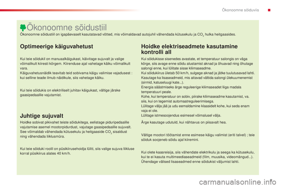 CITROEN C4 CACTUS 2018 Kasutusjuhend (in Estonian) 9
C4-cactus_et_Chap00c_eco-conduite_ed01-2016
Optimeerige käiguvahetust
Kui teie sõidukil on manuaalkäigukast, käivitage sujuvalt ja valige
võimalikult kiiresti kõrgem. Kiirenduse ajal vahetage CITROEN C4 CACTUS 2018 Kasutusjuhend (in Estonian) 9
C4-cactus_et_Chap00c_eco-conduite_ed01-2016
Optimeerige käiguvahetust
Kui teie sõidukil on manuaalkäigukast, käivitage sujuvalt ja valige
võimalikult kiiresti kõrgem. Kiirenduse ajal vahetage