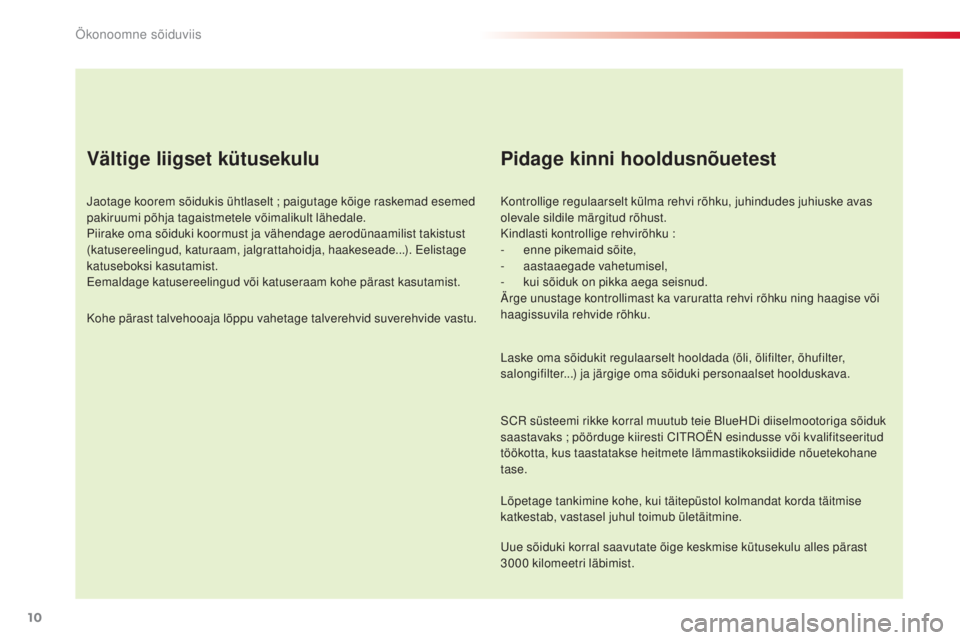 CITROEN C4 CACTUS 2018 Kasutusjuhend (in Estonian) 10
C4-cactus_et_Chap00c_eco-conduite_ed01-2016
Vältige liigset kütusekulu
Jaotage koorem sõidukis ühtlaselt ; paigutage kõige raskemad esemed
pakiruumi põhja tagaistmetele võimalikult lähedal CITROEN C4 CACTUS 2018 Kasutusjuhend (in Estonian) 10
C4-cactus_et_Chap00c_eco-conduite_ed01-2016
Vältige liigset kütusekulu
Jaotage koorem sõidukis ühtlaselt ; paigutage kõige raskemad esemed
pakiruumi põhja tagaistmetele võimalikult lähedal