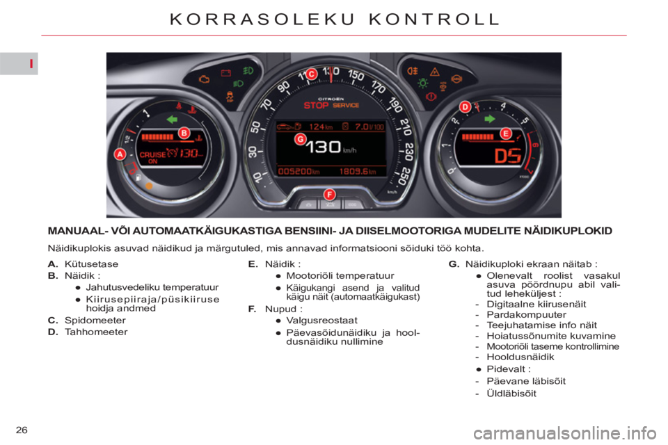 CITROEN C5 2012  Kasutusjuhend (in Estonian) I
26
KORRASOLEKU KONTROLL
MANUAAL- VÕI AUTOMAATKÄIGUKASTIGA BENSIINI- JA DIISELMOOTORIGA MUDELITE NÄIDIKUPLOKID 
  Näidikuplokis asuvad näidikud ja märgutuled, mis annavad informatsiooni sõiduk