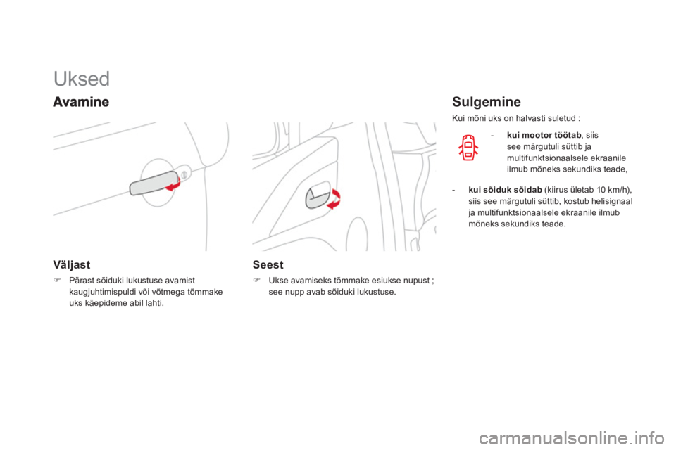 CITROEN DS3 2014  Kasutusjuhend (in Estonian)    
 
 
 
 
 
 
 
 
 
 
Uksed 
Väljast 
�)Pärast sõiduki lukustuse avamist kaugjuhtimispuldi või võtmega tõmmakeuks käepideme abil lahti.  
 
 
 
 
 
Seest
�) 
  Ukse avamiseks tõmmake esiukse