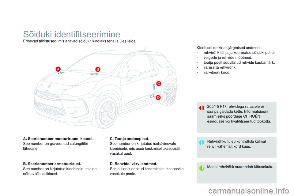 CITROEN DS3 CABRIO 2015  Kasutusjuhend (in Estonian) DS3_et_Chap12_caracteristiques_ed01-2014
Sõiduki	identifitseerimineErinevad tähistused, mis aitavad sõidukit kindlaks teha ja üles leida.
A. Seerianumber mootoriruumi kaanel.
See number on graveer