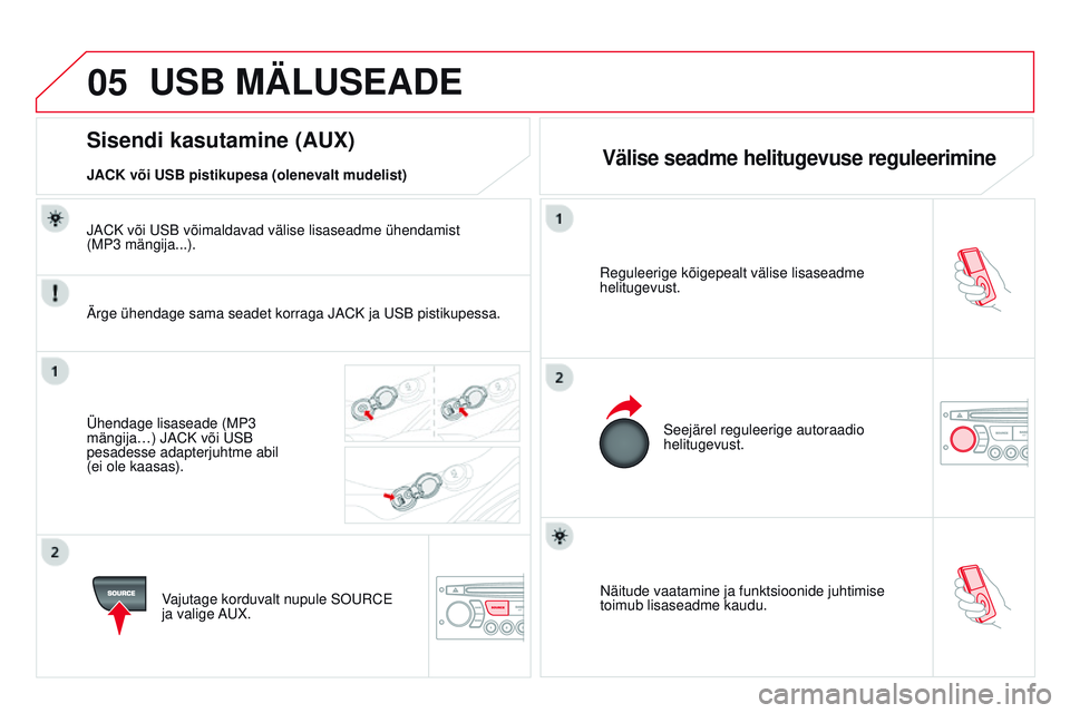 CITROEN DS3 CABRIO 2015  Kasutusjuhend (in Estonian) 05
DS3_et_Chap13c_rD45_ed01_2014
näitude vaatamine ja funktsioonide juhtimise 
toimub lisaseadme kaudu.
r
 eguleerige kõigepealt välise lisaseadme 
helitugevust.
Seejärel reguleerige autoraadio 
h