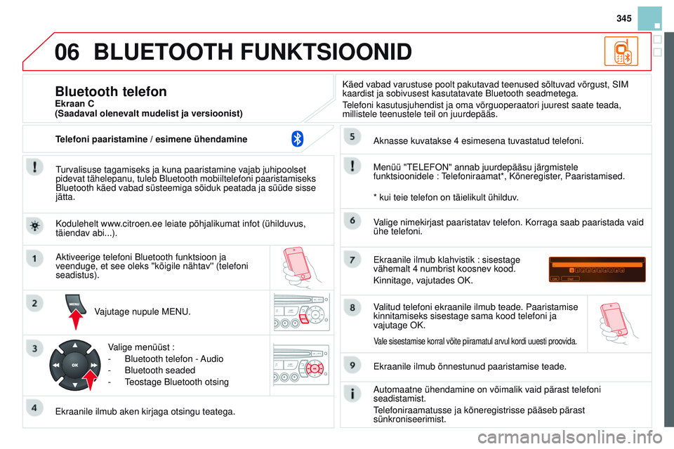CITROEN DS3 CABRIO 2015 Kasutusjuhend (in Estonian) 06
345
DS3_et_Chap13c_rD45_ed01_2014
BLUETOOTH FUNKTSiOONiD
turvalisuse tagamiseks ja kuna paaristamine vajab juhipoolset
pidevat tähelepanu, tuleb Bluetooth mobiiltelefoni paaristamiseks
Bluetooth CITROEN DS3 CABRIO 2015 Kasutusjuhend (in Estonian) 06
345
DS3_et_Chap13c_rD45_ed01_2014
BLUETOOTH FUNKTSiOONiD
turvalisuse tagamiseks ja kuna paaristamine vajab juhipoolset
pidevat tähelepanu, tuleb Bluetooth mobiiltelefoni paaristamiseks
Bluetooth