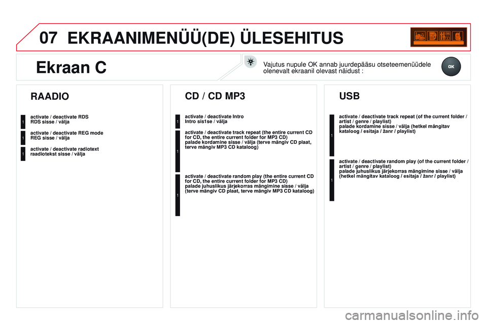CITROEN DS3 CABRIO 2015 Kasutusjuhend (in Estonian) 07
DS3_et_Chap13c_rD45_ed01_2014
EKRAANimENÜÜ(DE) ÜLESEHiTUS
RDS sisse / välja
REG sisse / välja
raadiotekst sisse / välja
RAADiO
intro sis1se / välja
CD / CD mP3
palade kordamine sisse / välj CITROEN DS3 CABRIO 2015 Kasutusjuhend (in Estonian) 07
DS3_et_Chap13c_rD45_ed01_2014
EKRAANimENÜÜ(DE) ÜLESEHiTUS
RDS sisse / välja
REG sisse / välja
raadiotekst sisse / välja
RAADiO
intro sis1se / välja
CD / CD mP3
palade kordamine sisse / välj